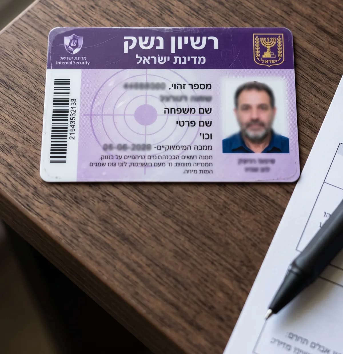 רישיון נשק על שולחן, ליד טופס ועט