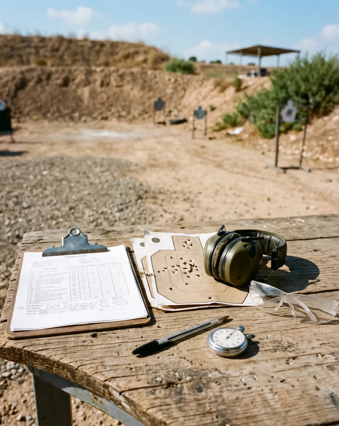 A printed training plan, shot targets, ear protection and safety glasses on a table at an outdoor range